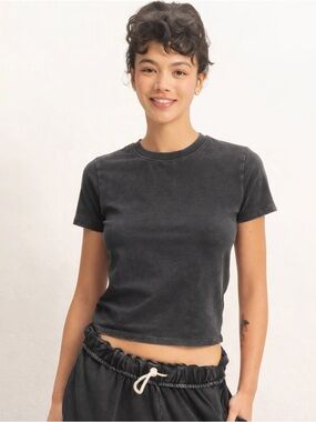 NEW Double Zero Black Mineral Wash Fitted Tee Crew Neck Basic Top